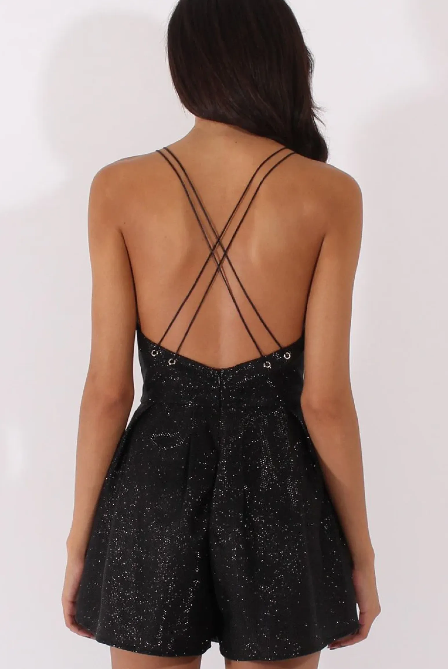 Rebellious Fashion Black Glitter Cross Back Strappy Playsuit - Jaclyn