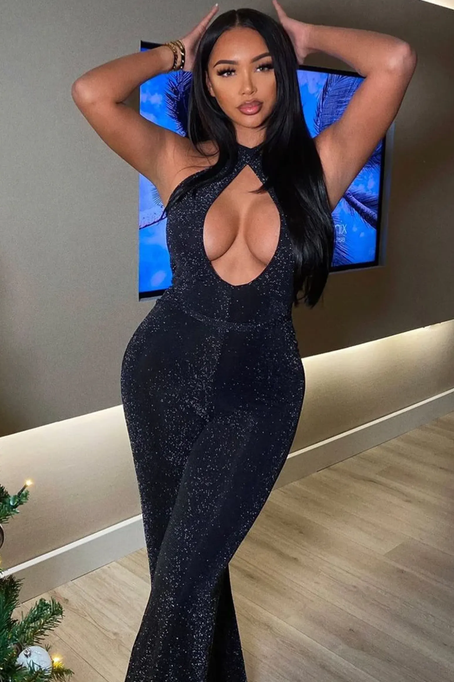 Rebellious Fashion Black Glitter Halter Neck Cut Out Wide Leg Jumpsuit - Evie