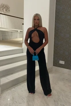 Rebellious Fashion Black Glitter Halter Neck Cut Out Wide Leg Jumpsuit - Evie