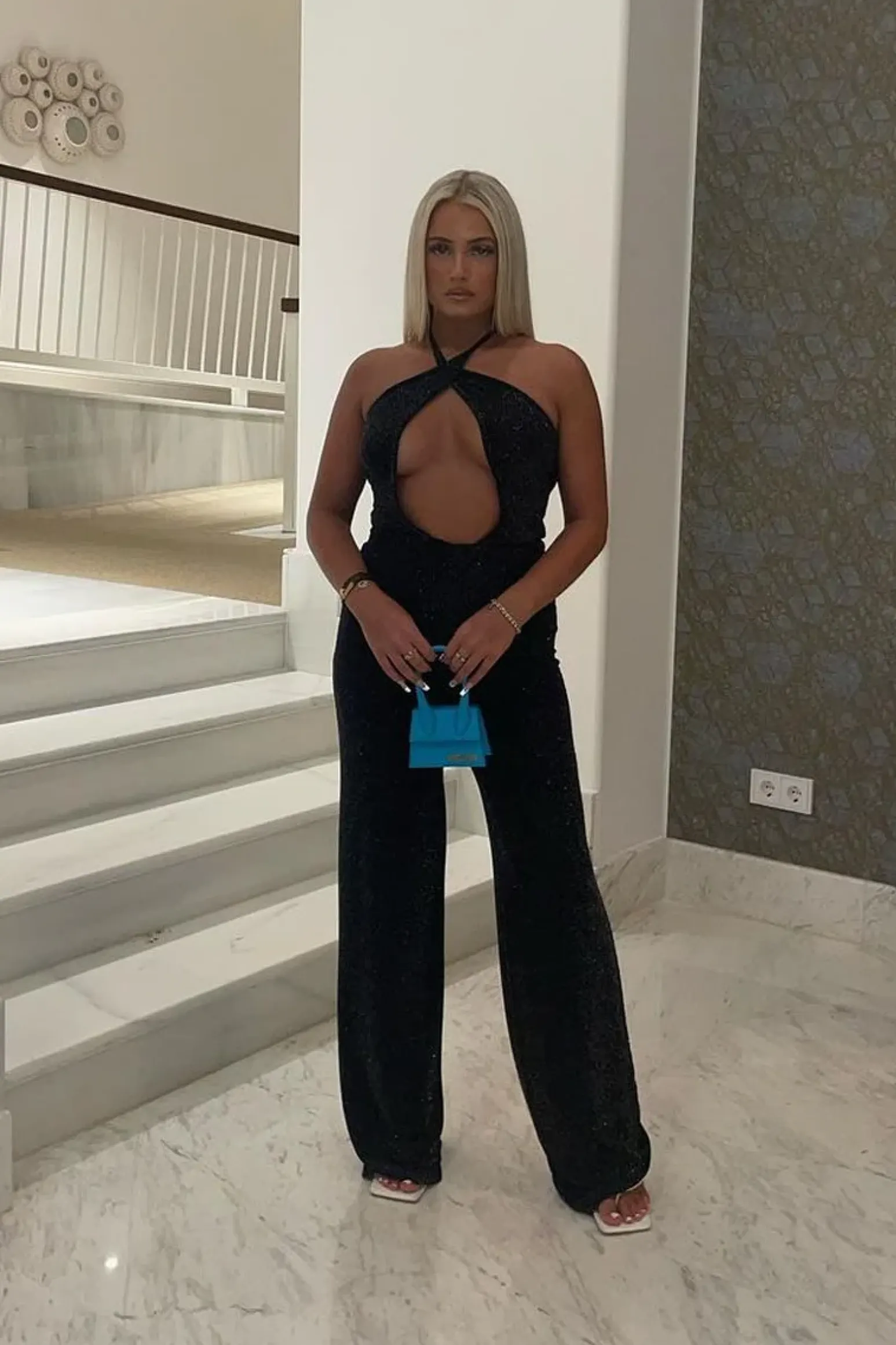 Rebellious Fashion Black Glitter Halter Neck Cut Out Wide Leg Jumpsuit - Evie