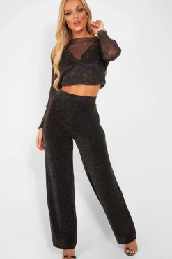 Rebellious Fashion Black Glitter High Waist Wide Leg Trousers - Betsey
