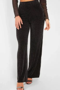 Rebellious Fashion Black Glitter High Waist Wide Leg Trousers - Betsey