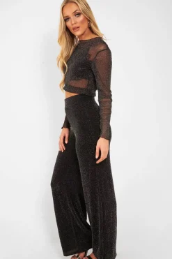 Rebellious Fashion Black Glitter High Waist Wide Leg Trousers - Betsey