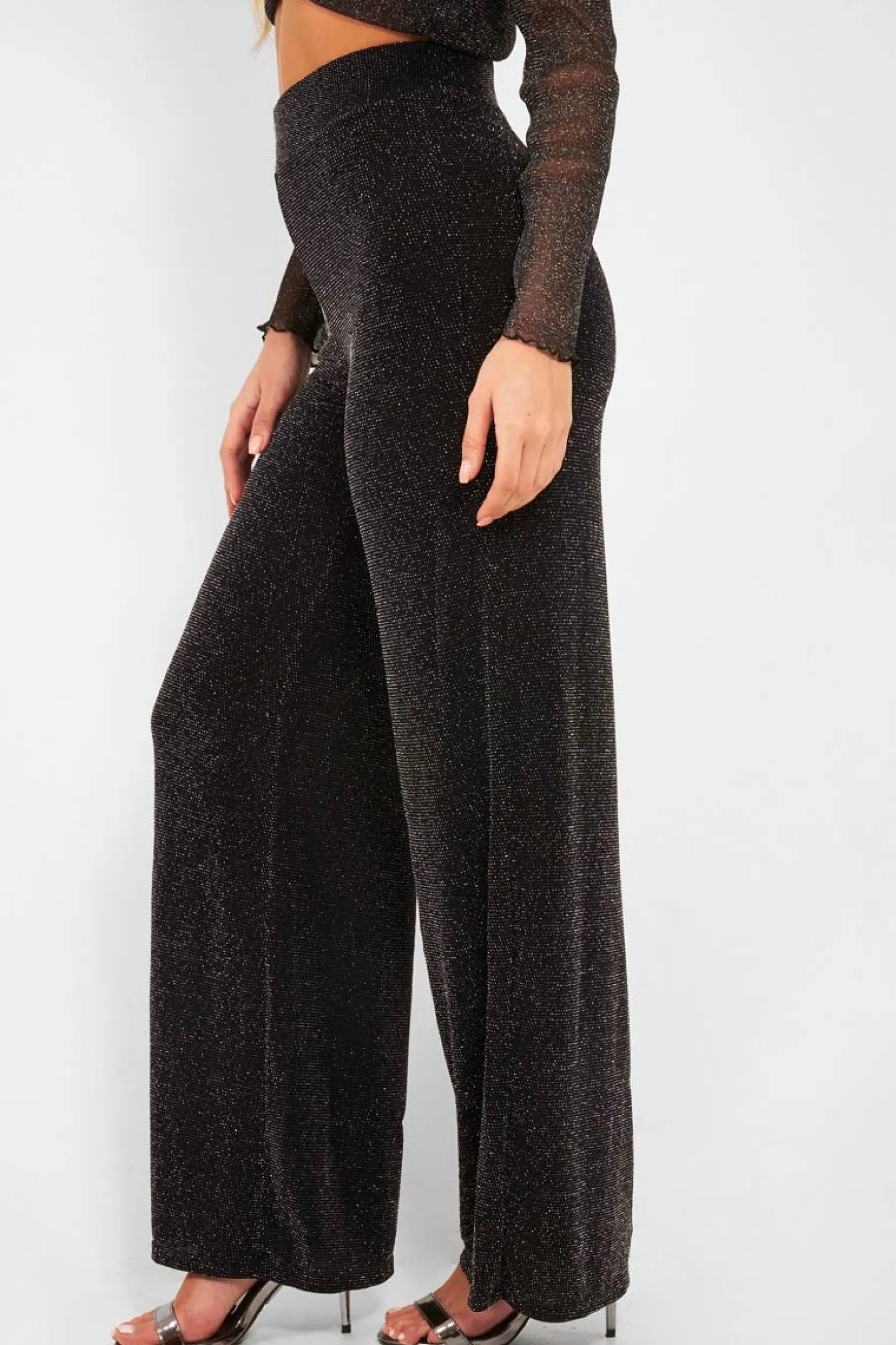 Rebellious Fashion Black Glitter High Waist Wide Leg Trousers - Betsey