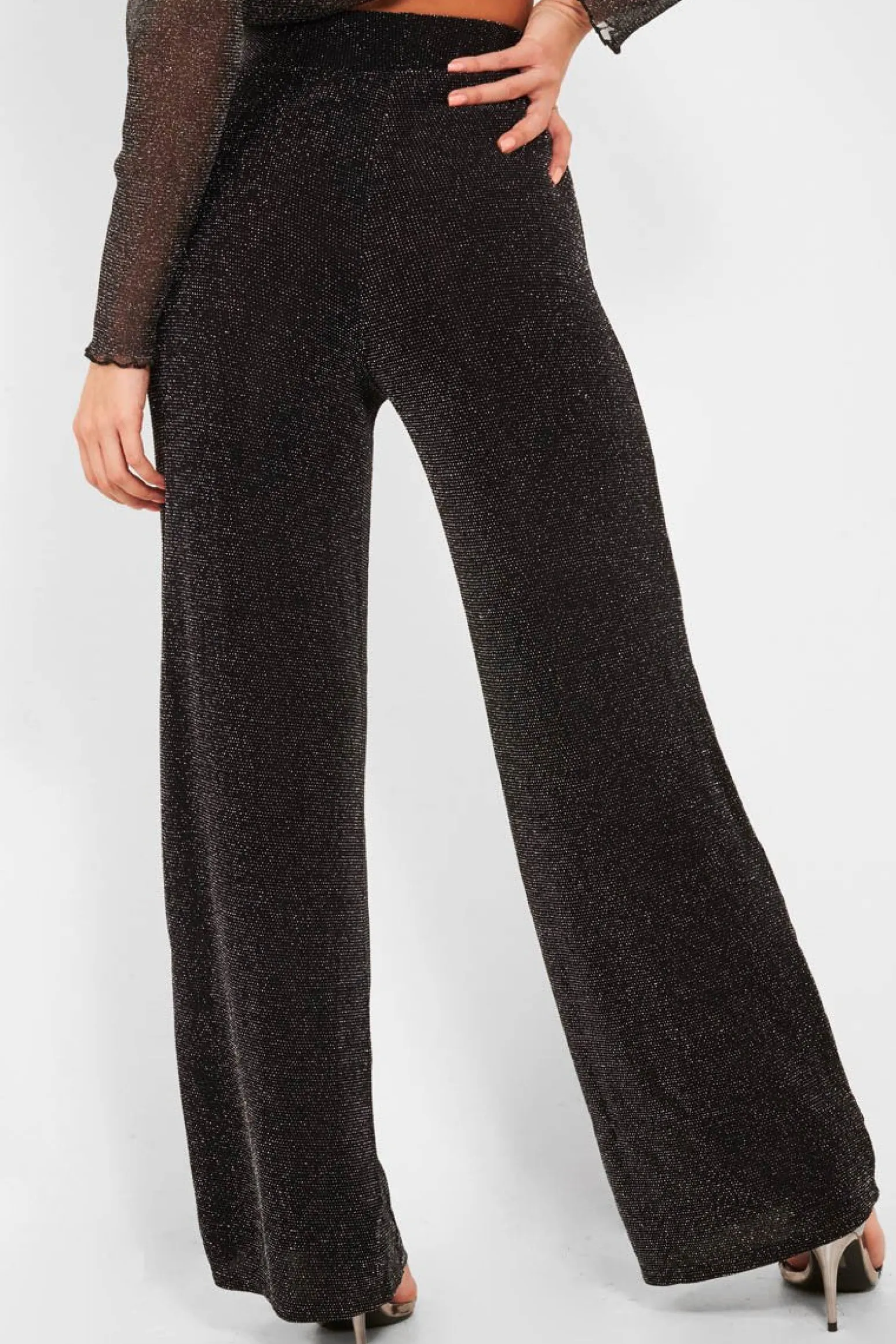 Rebellious Fashion Black Glitter High Waist Wide Leg Trousers - Betsey