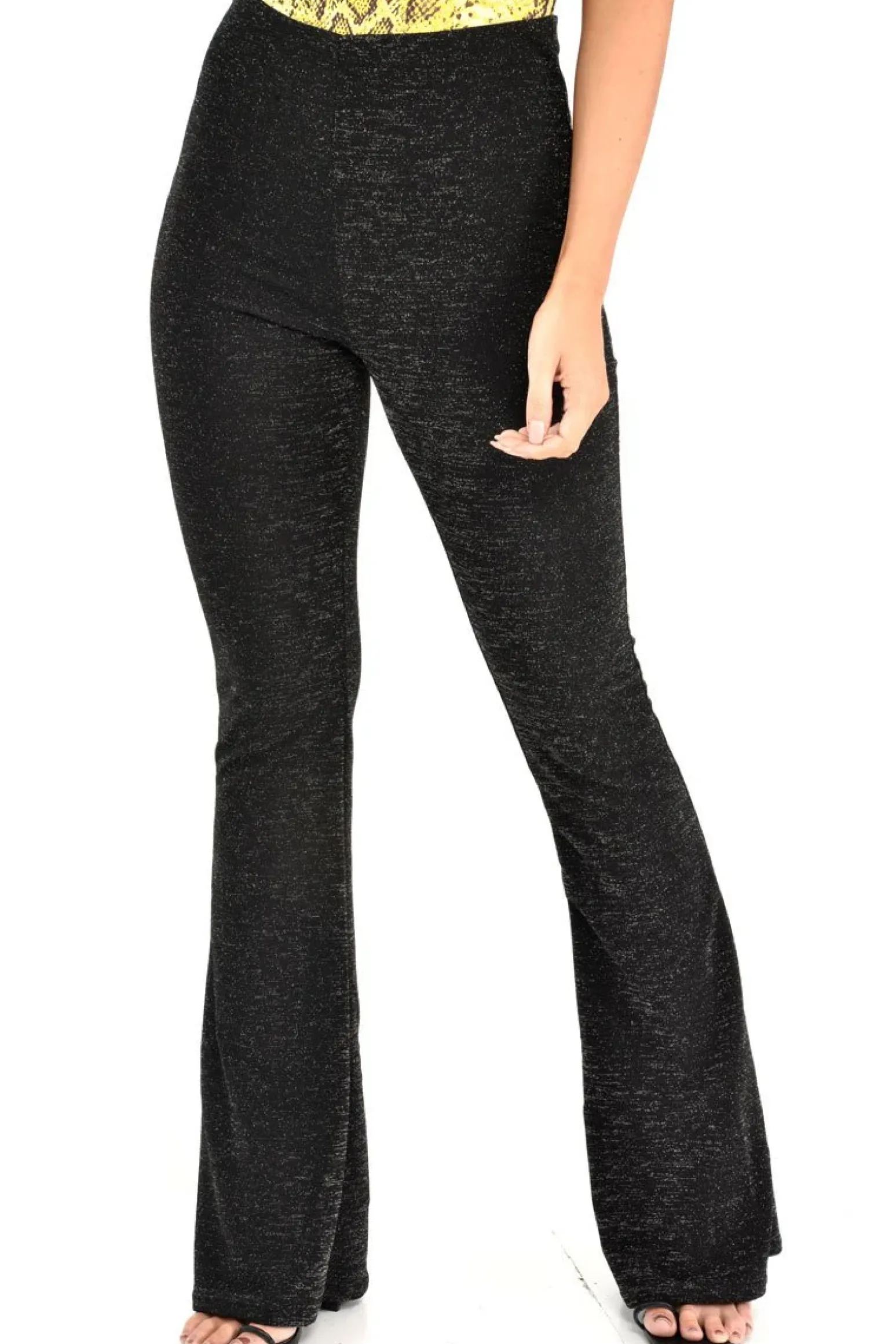 Rebellious Fashion Black Glitter Kick Flare Trousers - Chlo