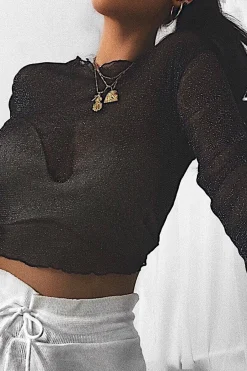 Rebellious Fashion Black Glitter Mesh Long Sleeve Crop Top - Akila