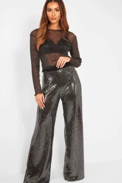 Rebellious Fashion Black Glitter Mesh Long Sleeve Crop Top - Akila