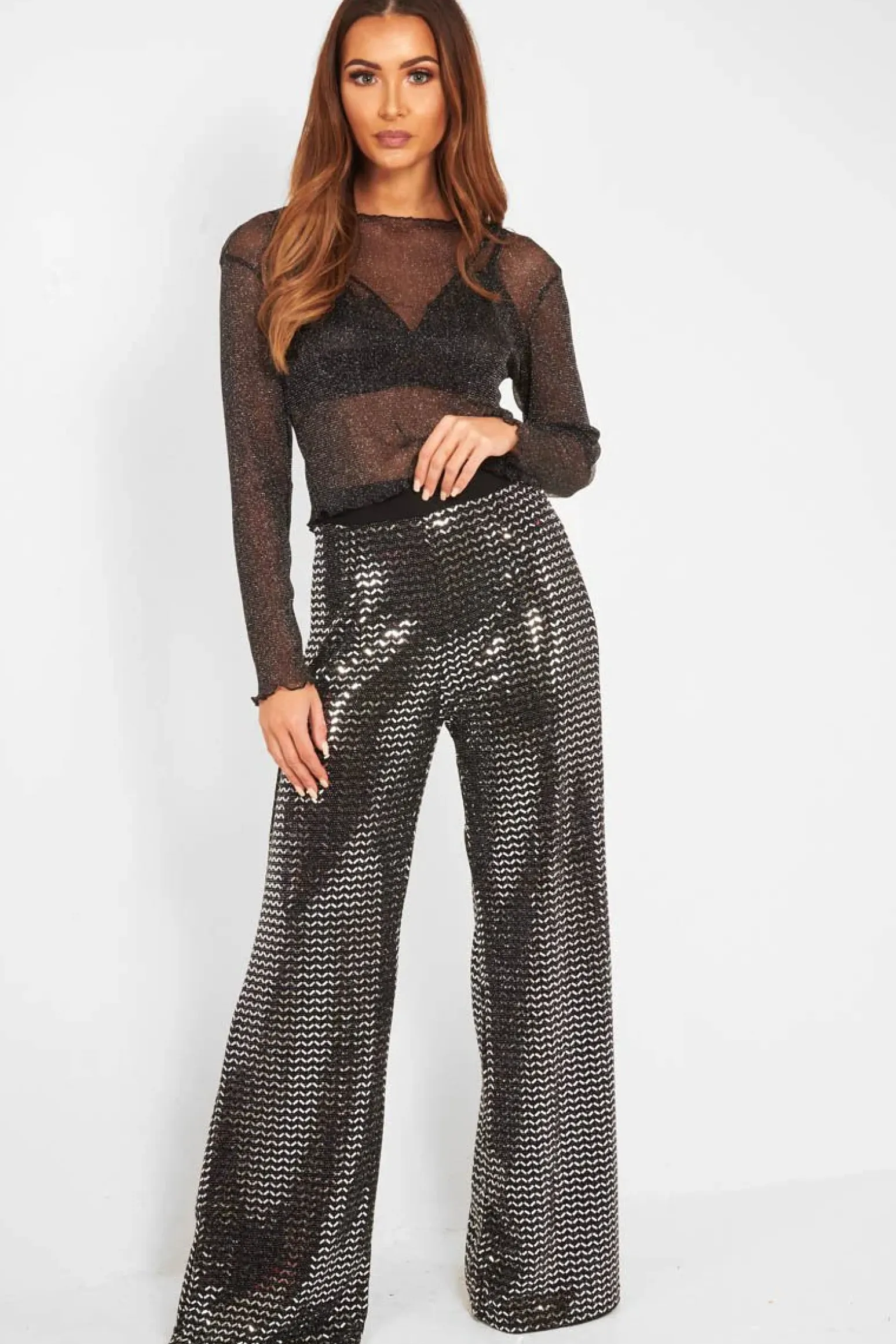 Rebellious Fashion Black Glitter Mesh Long Sleeve Crop Top - Akila