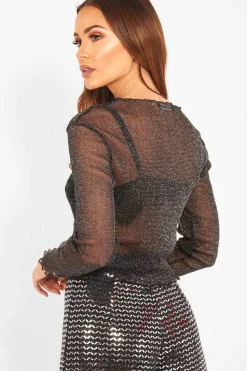Rebellious Fashion Black Glitter Mesh Long Sleeve Crop Top - Akila