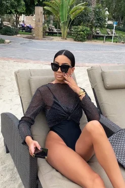 Rebellious Fashion Black Glitter Mesh Long Sleeve Crop Top - Akila