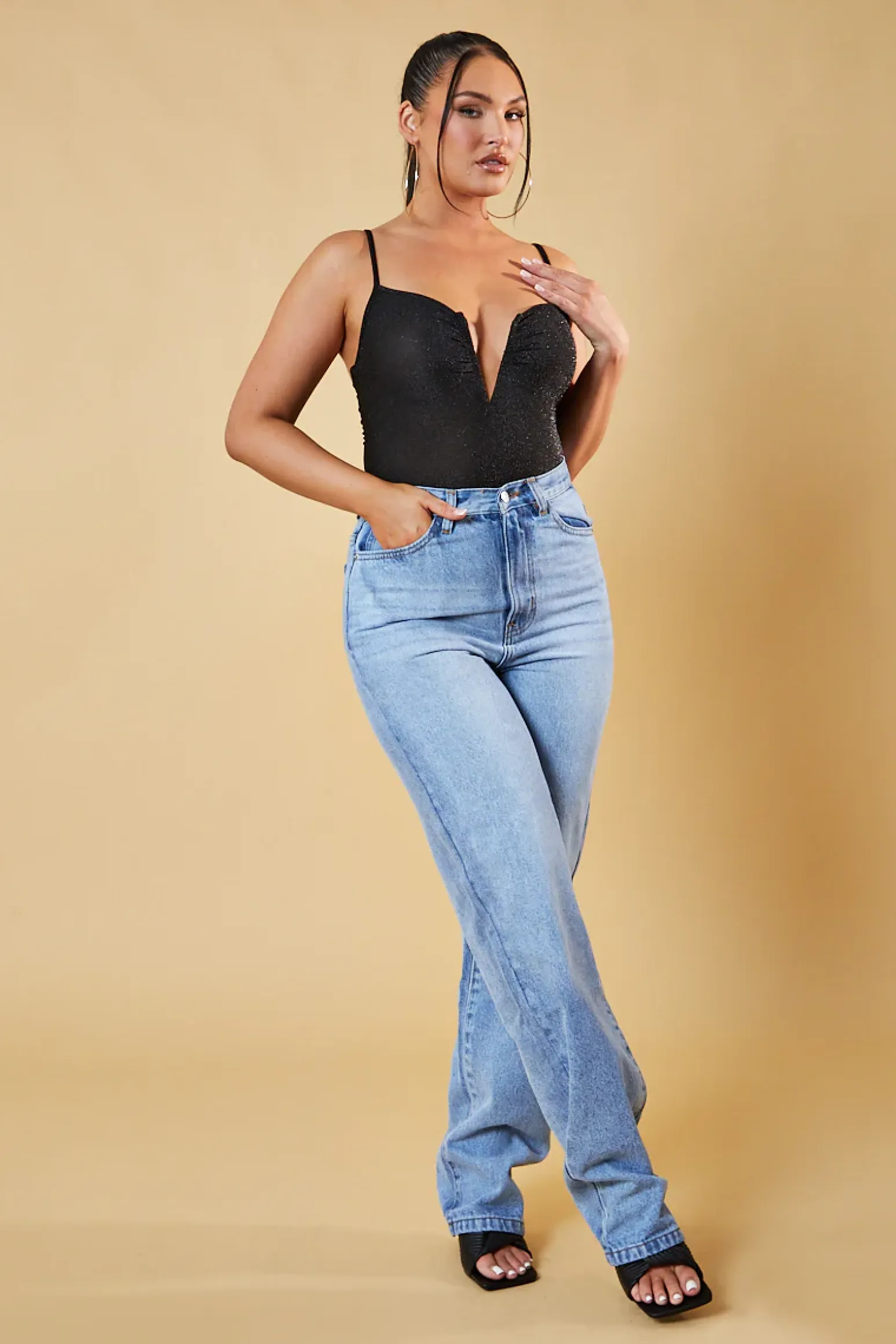 Rebellious Fashion Black Glitter Plunge Neck Bodysuit - Audrey