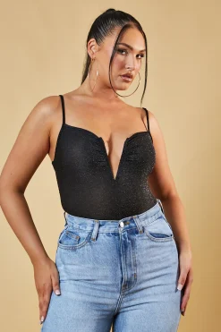 Rebellious Fashion Black Glitter Plunge Neck Bodysuit - Audrey