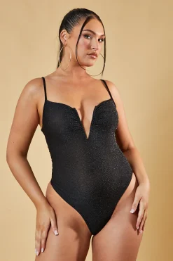 Rebellious Fashion Black Glitter Plunge Neck Bodysuit - Audrey