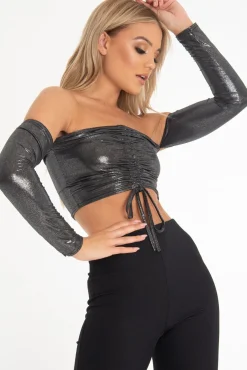 Rebellious Fashion Black Glitter Ruched Front Bardot Long Sleeve Top - Cici