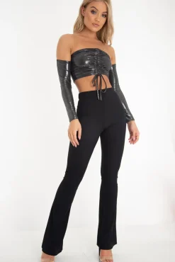 Rebellious Fashion Black Glitter Ruched Front Bardot Long Sleeve Top - Cici