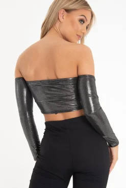 Rebellious Fashion Black Glitter Ruched Front Bardot Long Sleeve Top - Cici