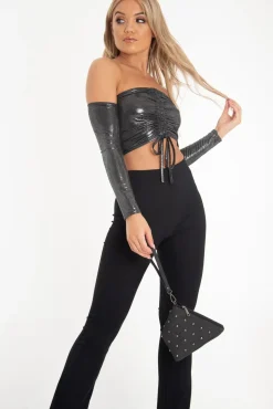 Rebellious Fashion Black Glitter Ruched Front Bardot Long Sleeve Top - Cici