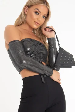 Rebellious Fashion Black Glitter Ruched Front Bardot Long Sleeve Top - Cici