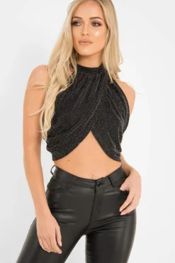 Rebellious Fashion Black Glitter Slinky Halterneck Wrap Top - Giovanna