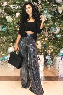 Rebellious Fashion Black Glitter Wide Leg Trousers - Jalessa