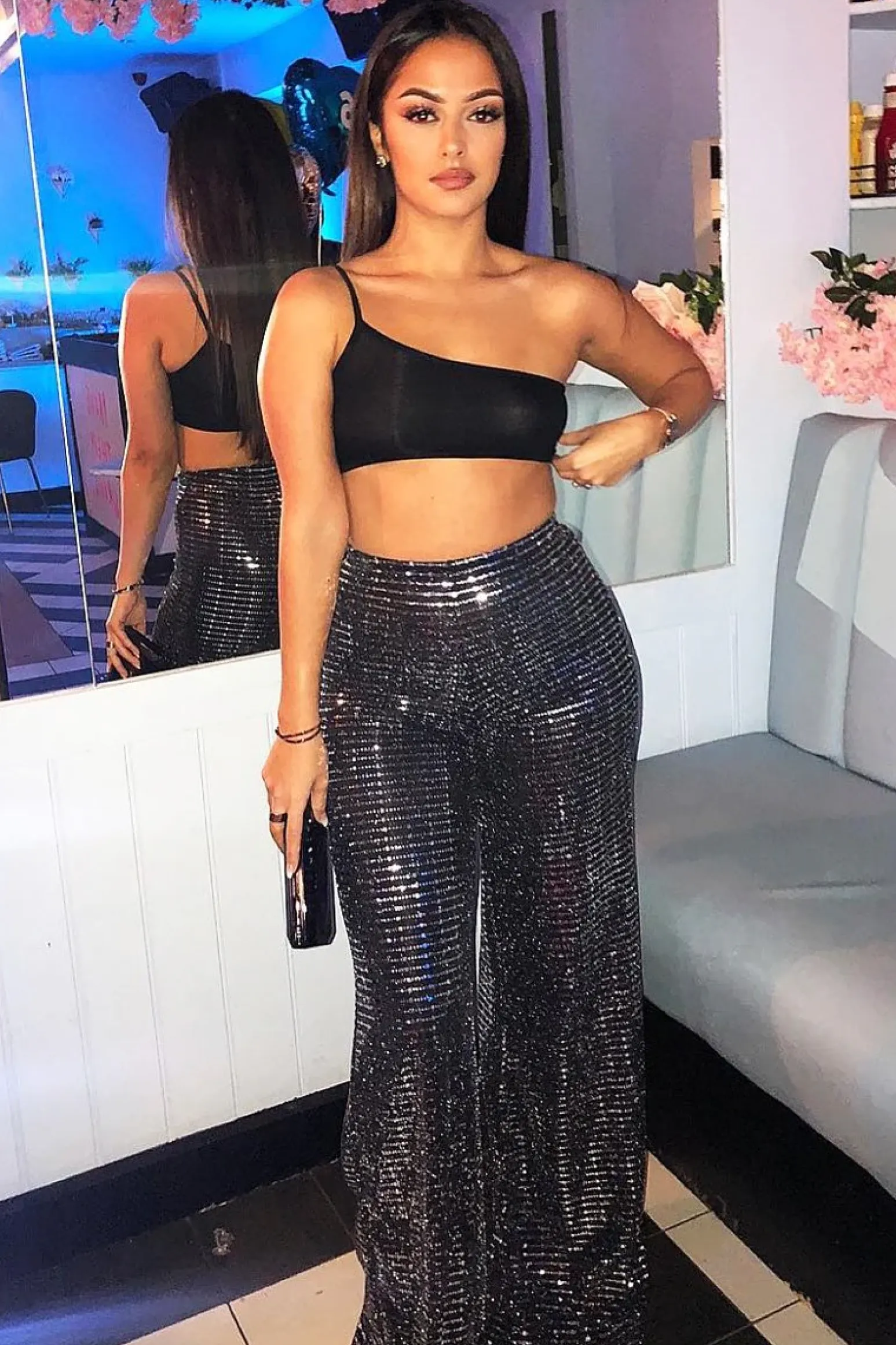 Rebellious Fashion Black Glitter Wide Leg Trousers - Jalessa