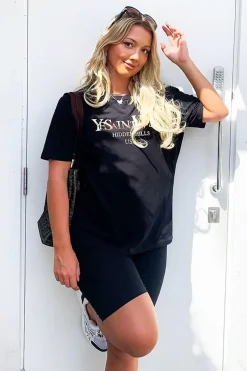 Rebellious Fashion Black Gold Beverly Hills T-shirt Cycling Shorts Co-ord - Laura