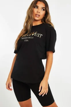 Rebellious Fashion Black Gold Beverly Hills T-shirt Cycling Shorts Co-ord - Laura