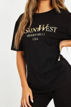 Rebellious Fashion Black Gold Beverly Hills T-shirt Cycling Shorts Co-ord - Laura