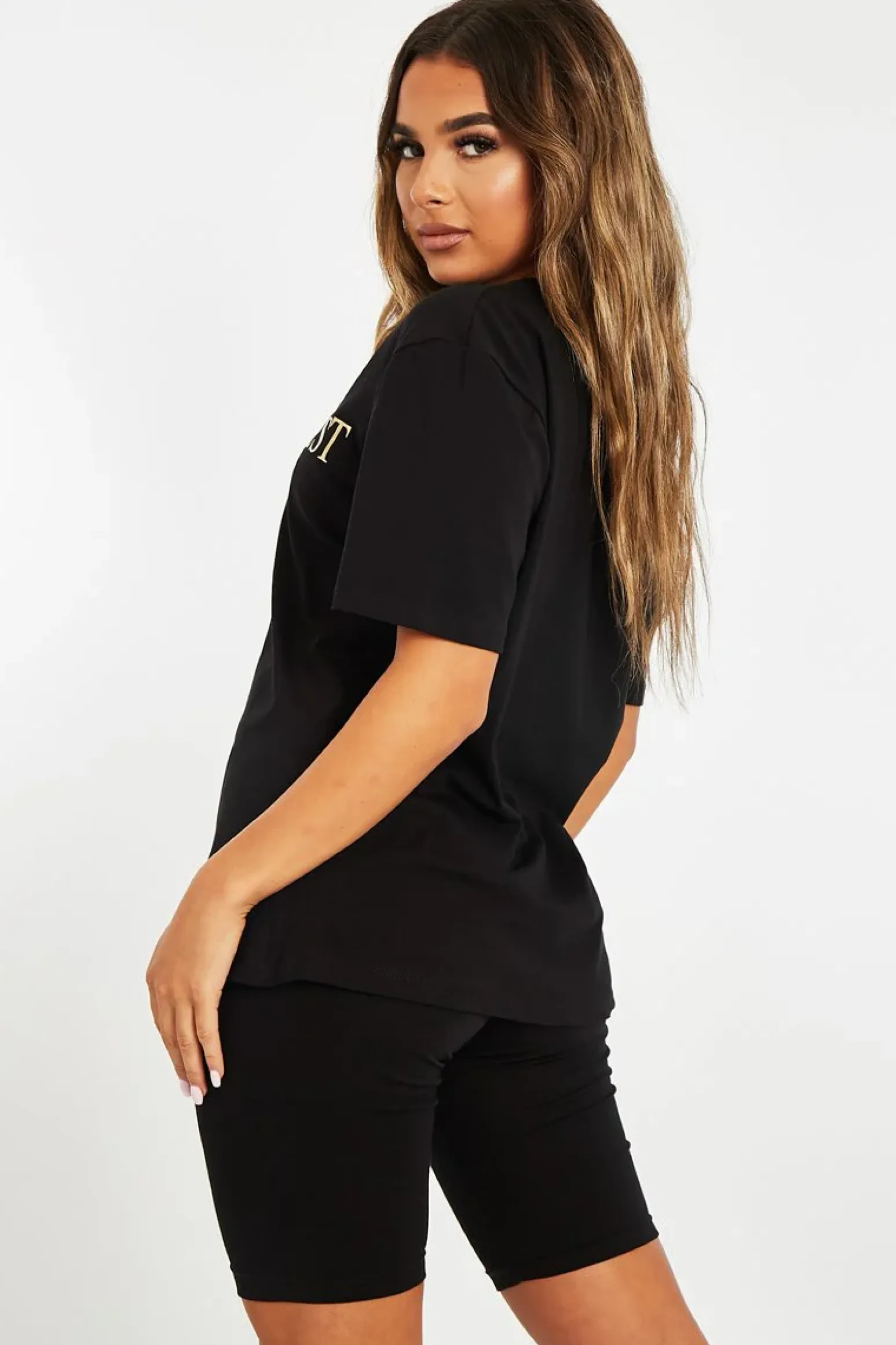 Rebellious Fashion Black Gold Beverly Hills T-shirt Cycling Shorts Co-ord - Laura