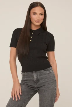 Rebellious Fashion Black Gold Button Detail Knitted Top - Valencia