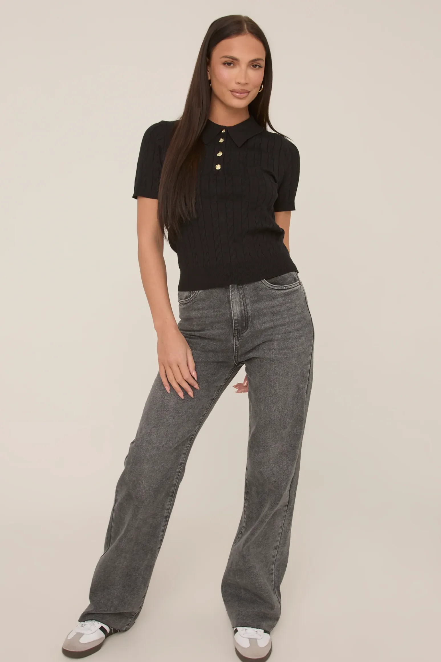 Rebellious Fashion Black Gold Button Detail Knitted Top - Valencia