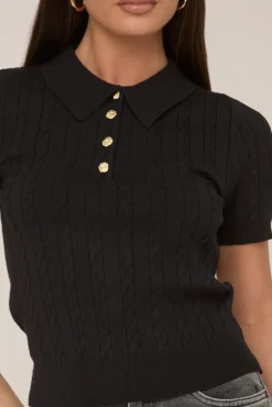 Rebellious Fashion Black Gold Button Detail Knitted Top - Valencia