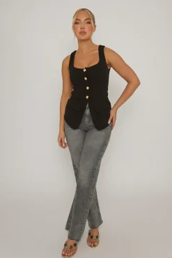 Rebellious Fashion Black Gold Button Detail Longline Waistcoat - Isidora