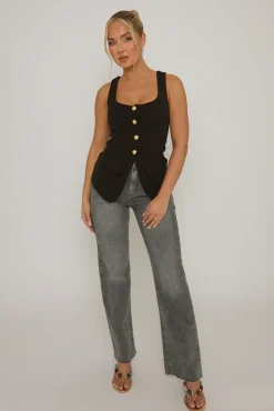 Rebellious Fashion Black Gold Button Detail Longline Waistcoat - Isidora