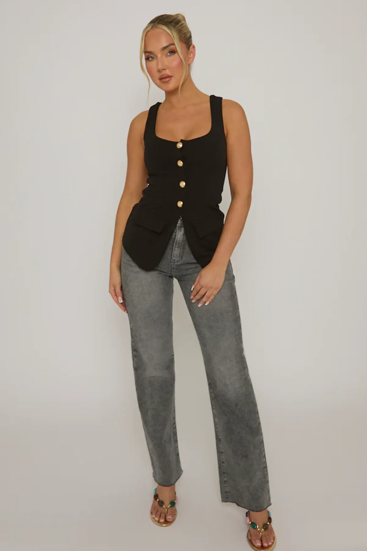 Rebellious Fashion Black Gold Button Detail Longline Waistcoat - Isidora