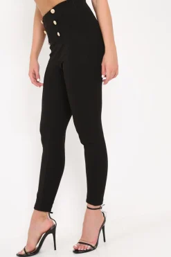 Rebellious Fashion Black Gold Button Front Skinny Trousers - Aivy