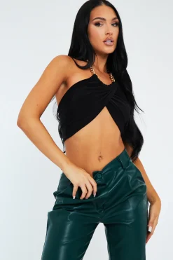 Rebellious Fashion Black Gold Chain Halter Neck Crop Top - Leena