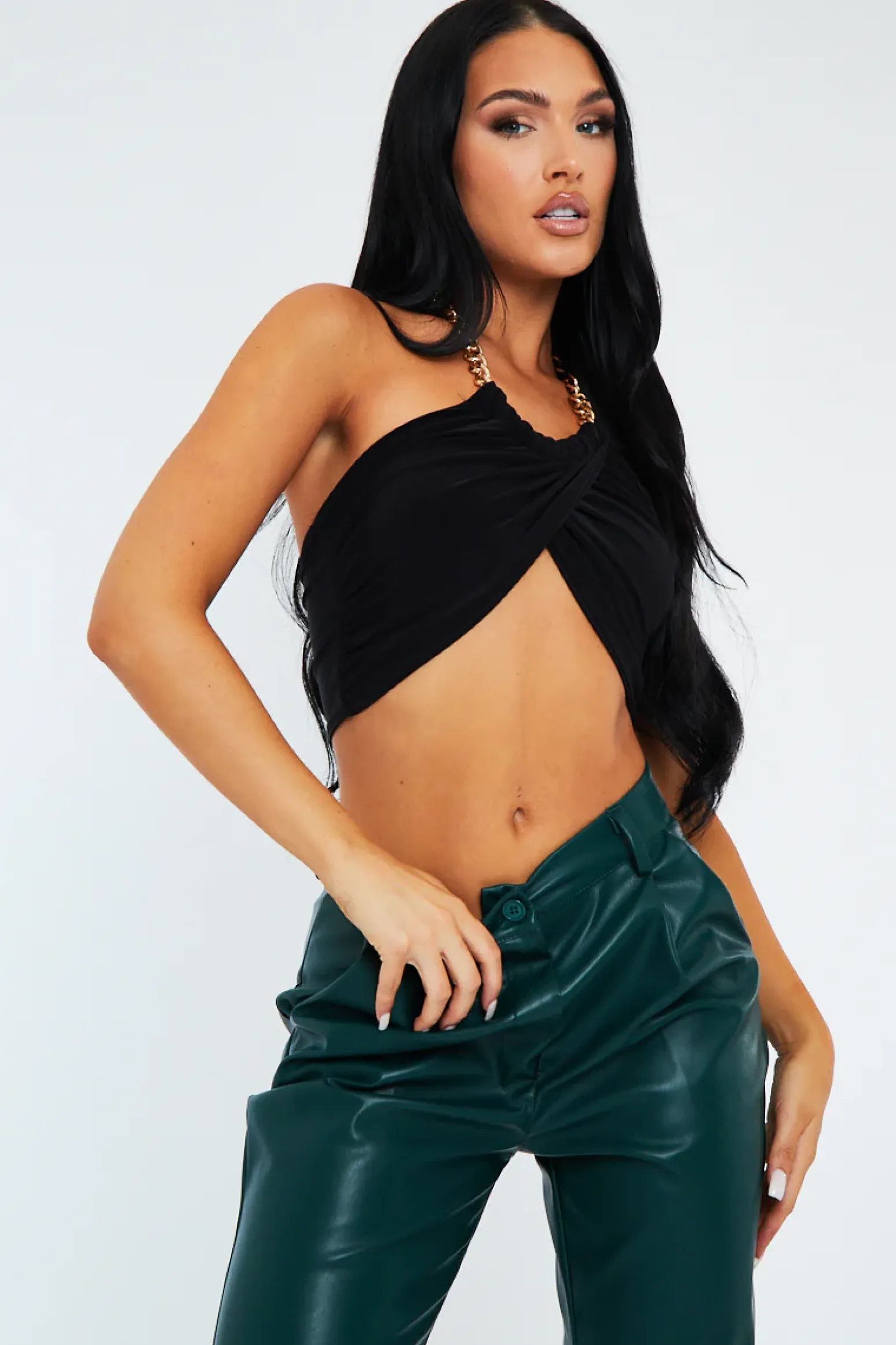 Rebellious Fashion Black Gold Chain Halter Neck Crop Top - Leena