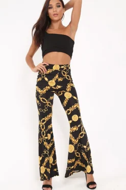 Rebellious Fashion Black Gold Chain Print Flared Trousers - Brooke