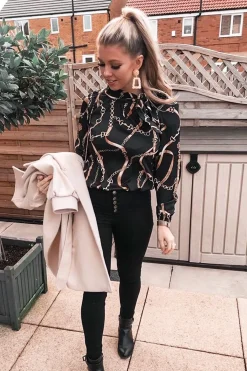Rebellious Fashion Black Gold Chain Print Satin Long Sleeve Bow Shirt - Abrah