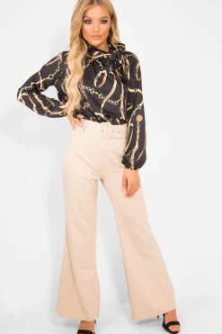 Rebellious Fashion Black Gold Chain Print Satin Long Sleeve Bow Shirt - Abrah