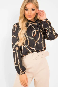 Rebellious Fashion Black Gold Chain Print Satin Long Sleeve Bow Shirt - Abrah