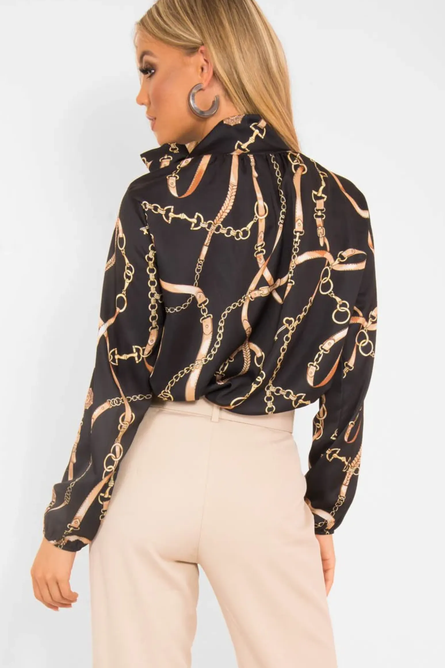 Rebellious Fashion Black Gold Chain Print Satin Long Sleeve Bow Shirt - Abrah