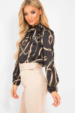 Rebellious Fashion Black Gold Chain Print Satin Long Sleeve Bow Shirt - Abrah