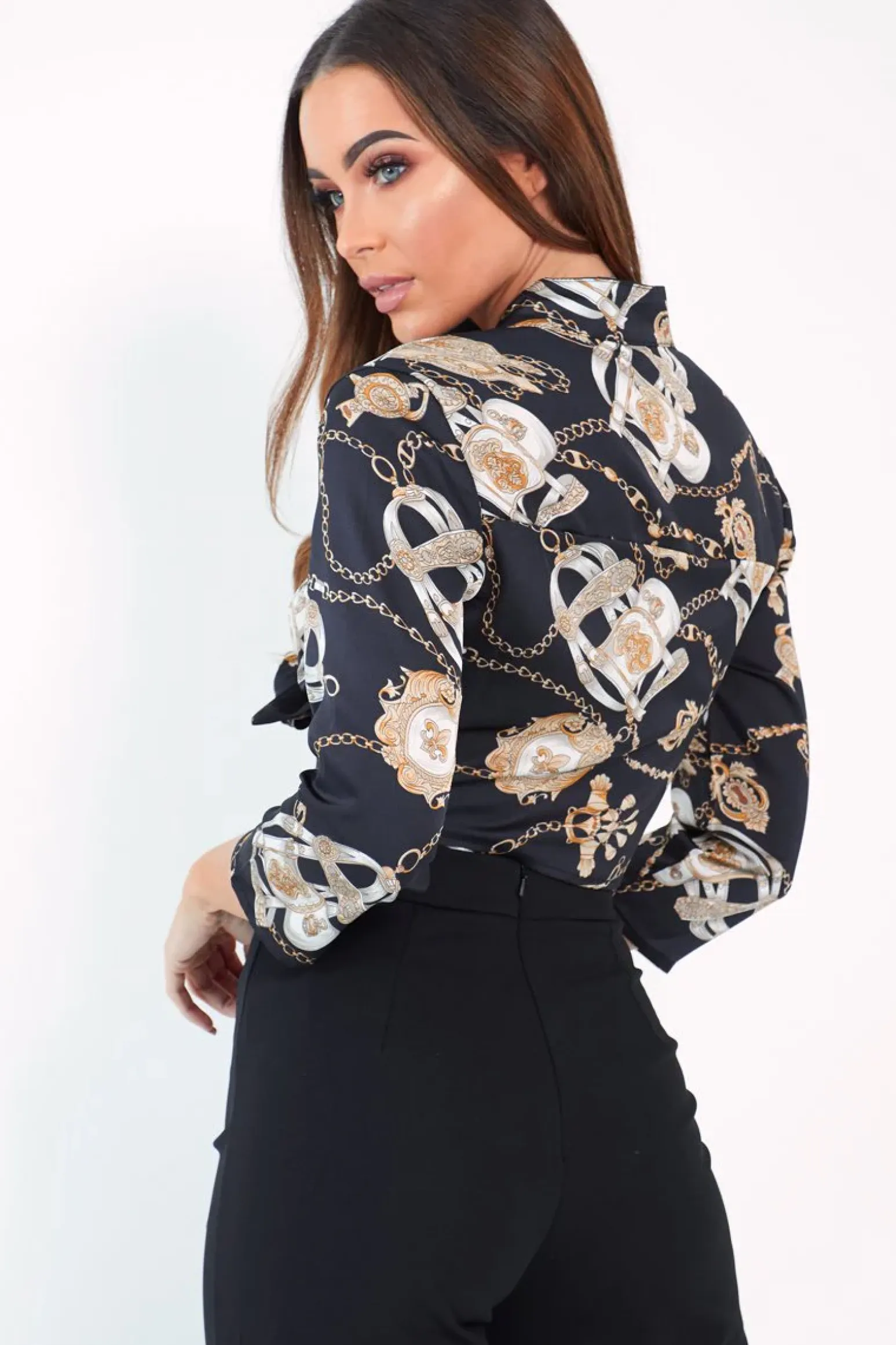 Rebellious Fashion Black Gold Chain Print Tie Front Blouse - Melika