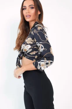 Rebellious Fashion Black Gold Chain Print Tie Front Blouse - Melika