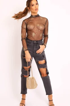 Rebellious Fashion Black Gold Glitter Mesh Long Sleeve Bodysuit - Kharlie