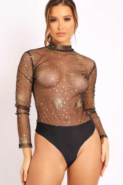 Rebellious Fashion Black Gold Glitter Mesh Long Sleeve Bodysuit - Kharlie