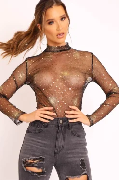 Rebellious Fashion Black Gold Glitter Mesh Long Sleeve Bodysuit - Kharlie